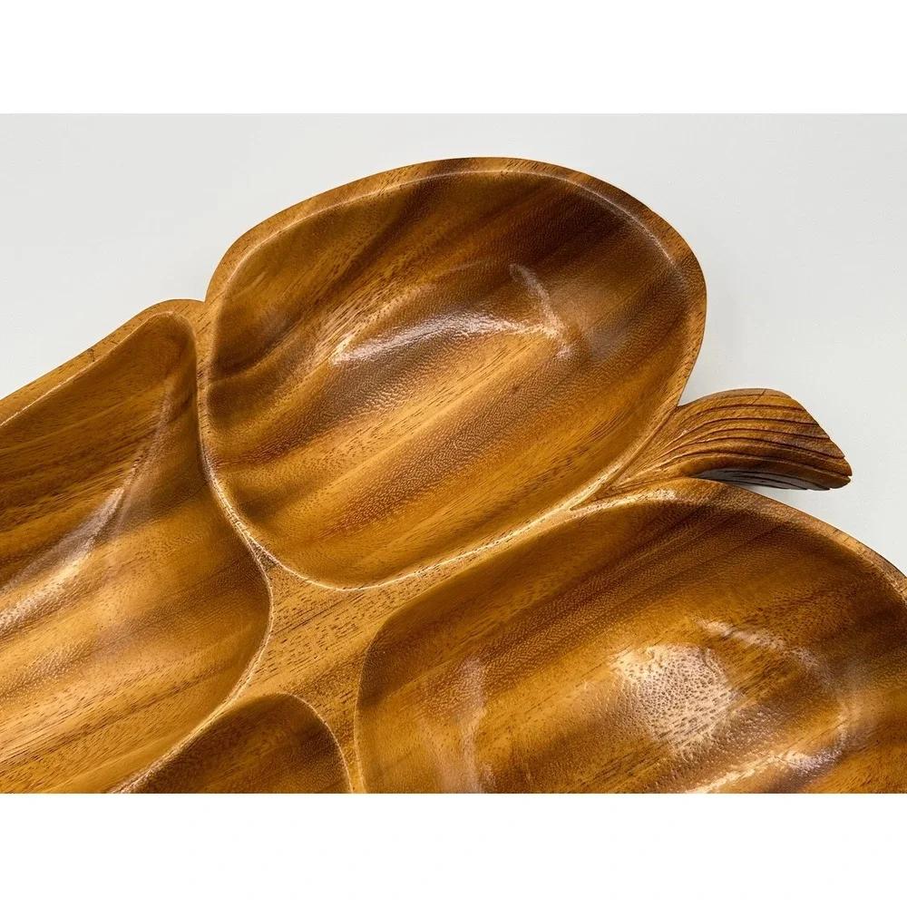 Vintage Hand Carved Monkey Pod Wood Leaf Divided Serving Tray Mid Century Tiki